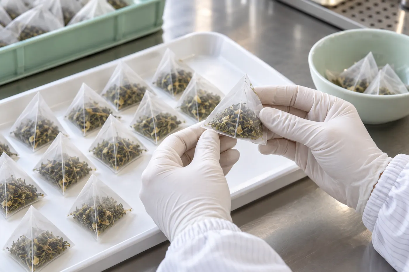 人工品管檢查茶包示意圖